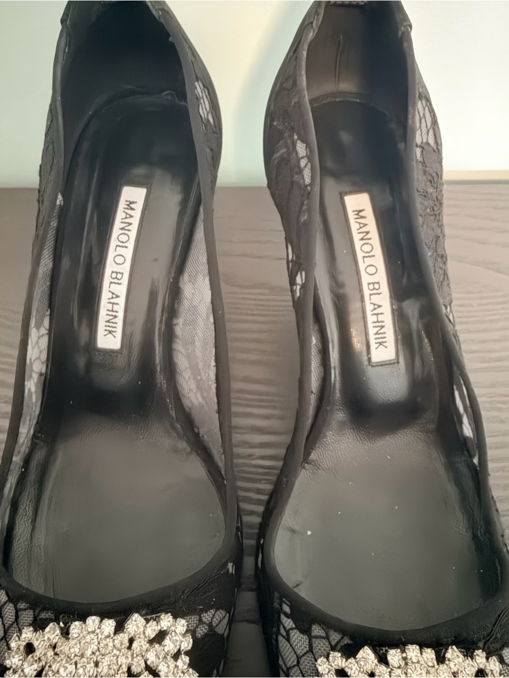Manolo Blahnik Black Lace Pumps with Crystal Buckle - Picture 4 of 12